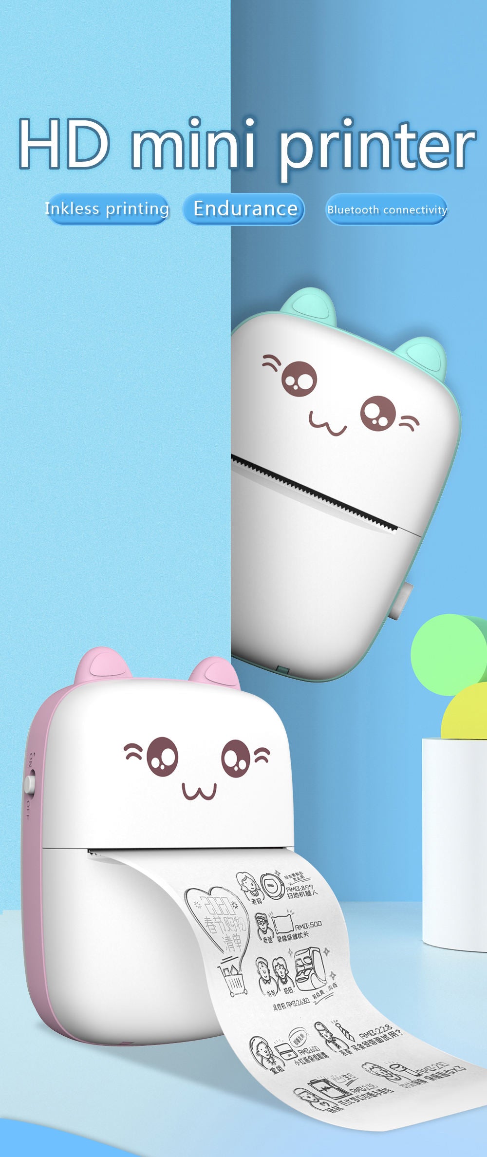 GlowPak™ Cute Cat Mini Thermal Printer — Wireless & Portable